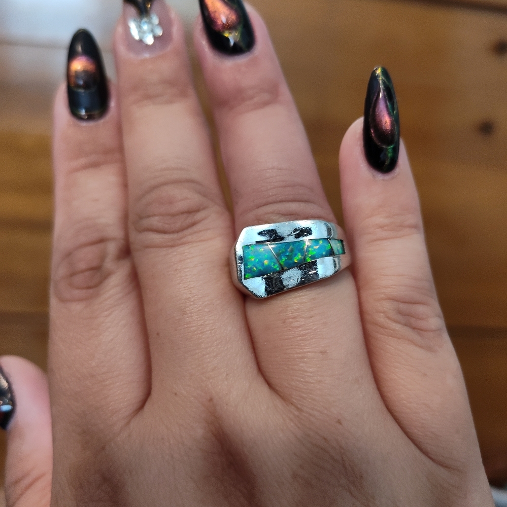 Blue opal wave sterling ring sz 8
